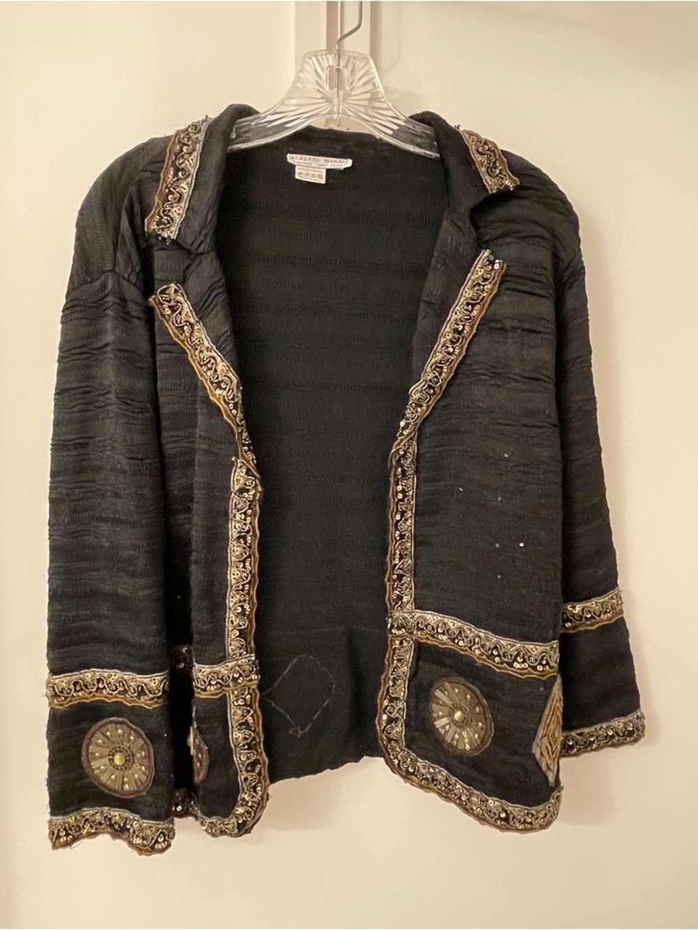 Alberto Makali Embellished Jacket Black Crinkle Beaded Sequins Open Front, S/M
